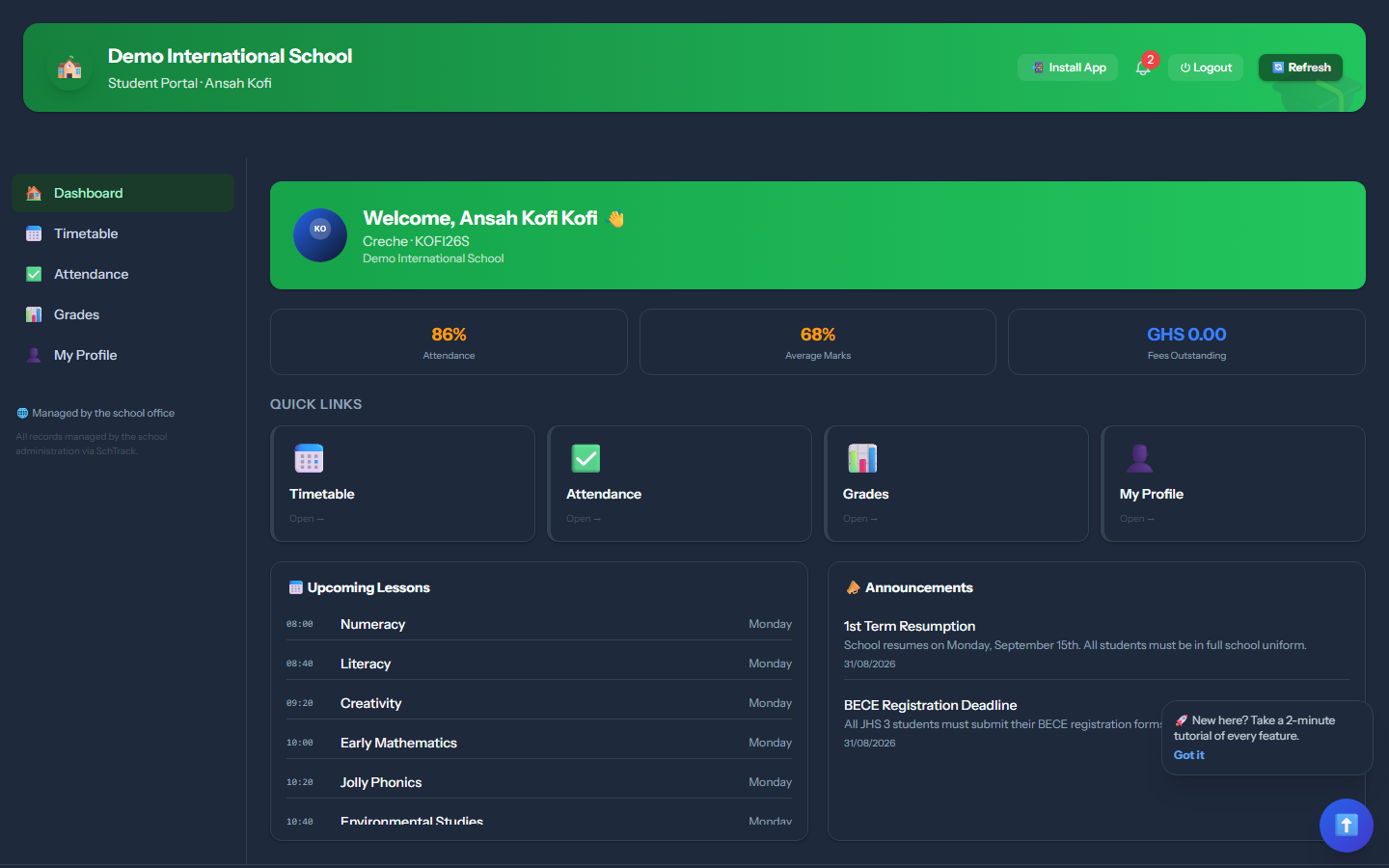Dashboard - SchTrack screenshot
